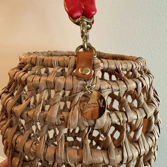 Clare V Pot De Miel Straw Bucket Bag with Tomatoe Red Leather Handle - Picture 3 of 6